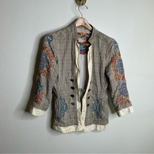 Johnny Was Biya Plaid Embrodiered Floral Cropped Jacket Size Medium